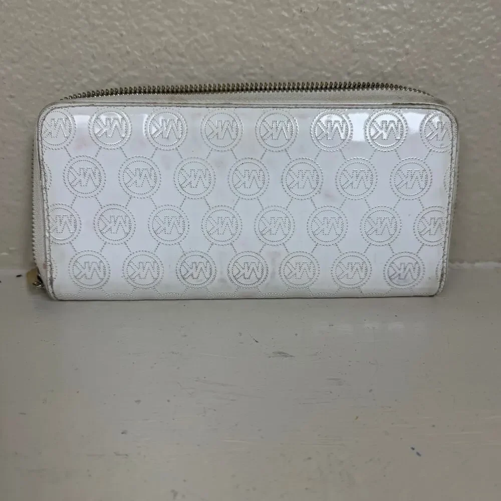 Michael Kors Contential MK Mono Mirror White Metallic zip around long wallet